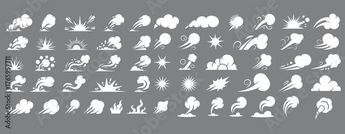 Smoke illustration set for special effects template. Steam clouds, mist, fume, fog, dust, or vapor 2D VFX Clipart element for animation.