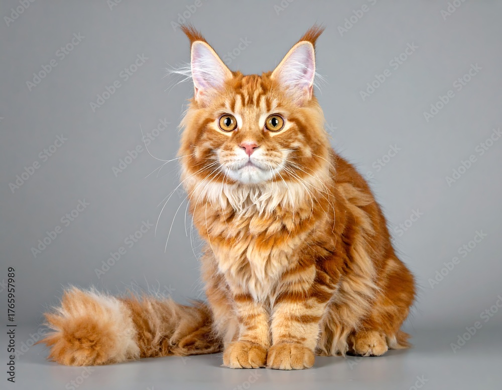 Fototapeta premium A fluffy, orange cat with long fur sitting against a grey backdrop