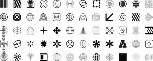 Futuristic Cyberpunk Geometric Shapes Icon Set, Digital Technology Abstract Vector Elements