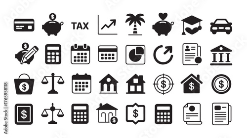 Set of finance and business icons simple flat glyphs for banking and investment isolated on white background