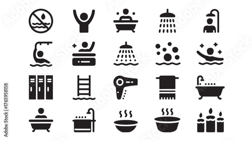 Set of bathroom and spa icons simple glyph design elements for relaxation and personal care isolated on white background