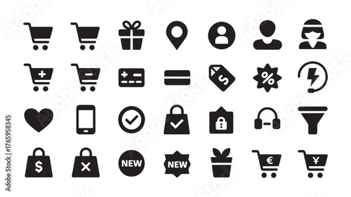 Set of e-commerce icons simple flat glyphs for online shopping isolated on white background