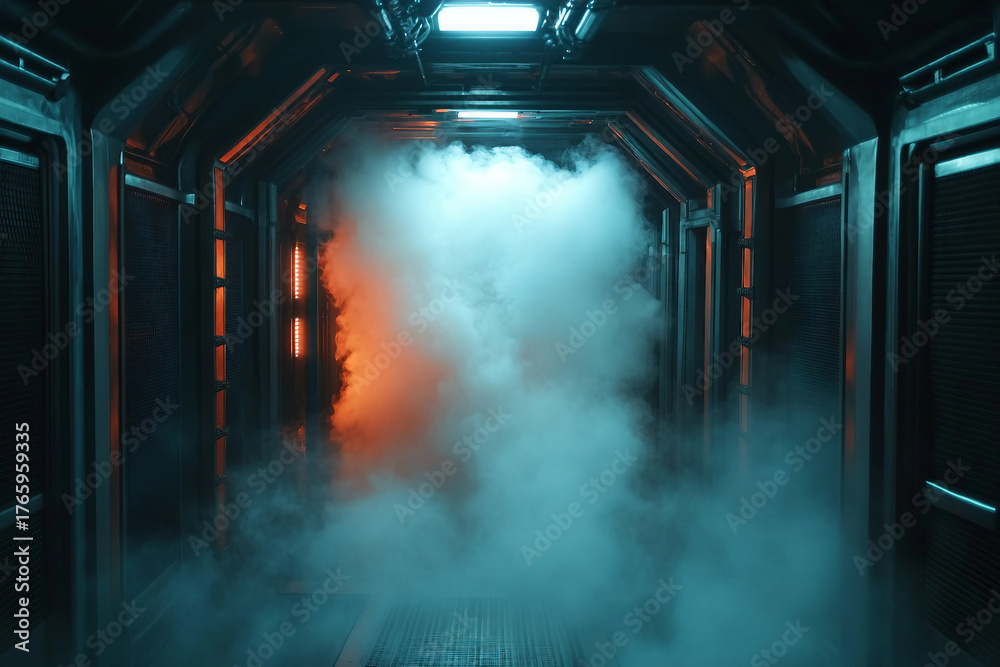 Fototapeta premium Futuristic tunnel with glowing blue lights and mysterious fog, atmospheric science fiction corridor, generative ai