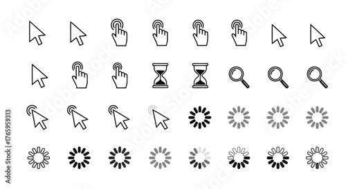 Vector illustration of collection of cursor icons, hand pointer, hourglass, and loading spinner icons