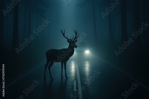 Deer on Foggy Road