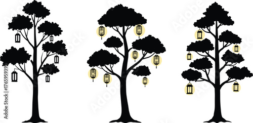 Lantern trees, hanging lights, Japanese lanterns, glowing trees, night forest, magical illumination, decorative nature, festival lanterns, fantasy scene, evening garden