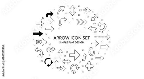 Vector illustration of a circular arrangement of simple flat design arrow icons in black and white, showcasing various directions, shapes, and styles of directional symbols on a