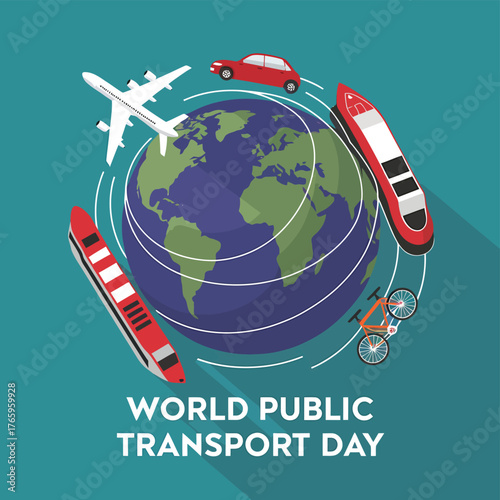 Vector art of world public transport day concept showing global transportation modes like airplane, car, train, and bicycle circling the earth