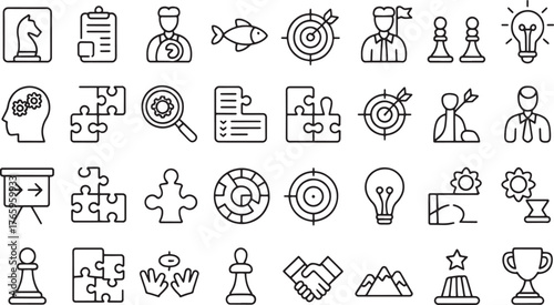 A set of 30 black and white line art icons neatly arranged in 5 rows  