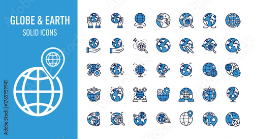 Vector illustration of collection of solid blue and white icons representing the globe and earth, with a large globe and location pin on the left