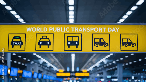 Vector art of sign for world public transport day showing icons for taxi, car, bus, and airplane in a modern airport terminal