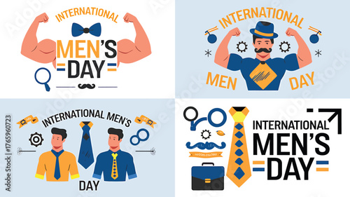 Vector art of collage of illustrations celebrating international mens day with various male symbols and elements
