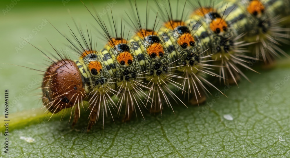 Fototapeta premium Detailed close-up showcasing vibrant caterpillar resting on green leaf in natural habitat creating a striking contrast