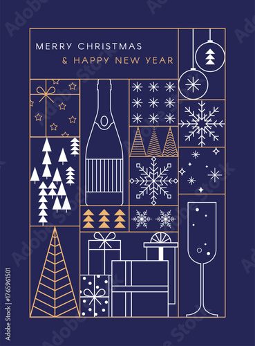 Happy New Year, poster, banner and card design in minimalist geometric line style. Xmas and new year backgrounds. 2026