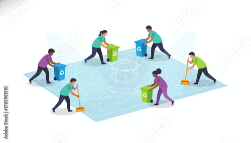 Building Community Impact: Stylized Vector Graphic Showcasing Diverse Volunteers and Inclusive Teamwork.