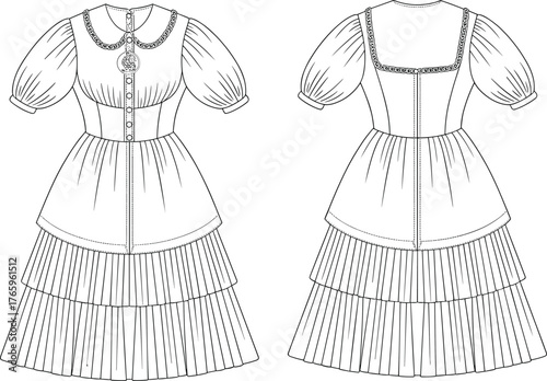 Victorian inspired puff sleeve dress, pleated skirt fashion design, vintage women clothing illustration, detailed flat sketch, elegant CAD drawing vector