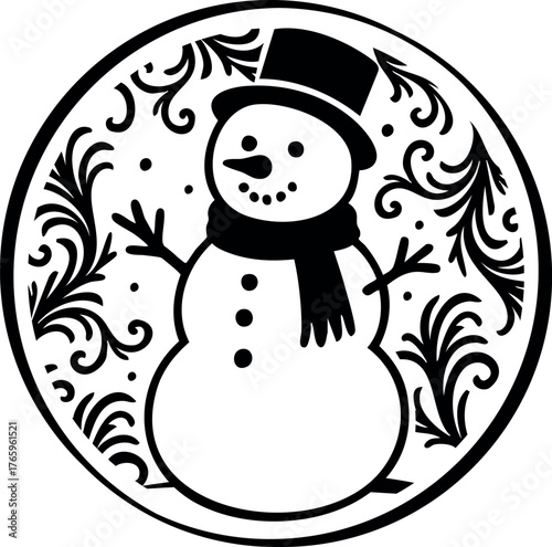 Winter holidays laser cut circle coaster template with snowman ornaments. Cnc cutting with metal, wood, glass, engraving. Christmas decor. Vector round design