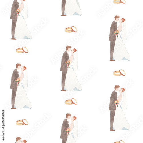 Watercolor bride and groom newlyweds standing and kissing hand drawn seamless wedding pattern with rings on white background