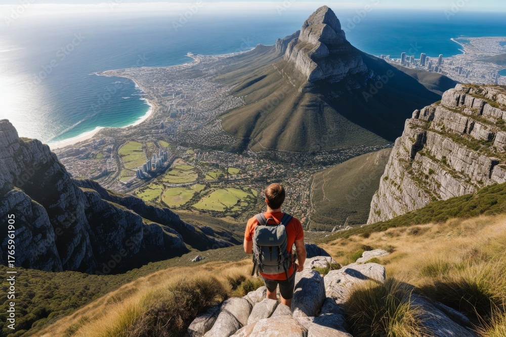 Fototapeta premium Wanderer auf dem Tafelberg mit atemberaubendem Blick auf Kapstadt und die Küste
