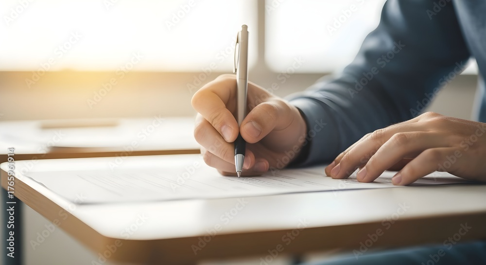 Obraz premium Student Hand Writing on Paper in Classroom with Warm Light — Education and Learning Concept.