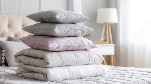 Serene Bedding: A stack of pillows and blankets on a well-made bed, evoking a sense of calm and comfort.