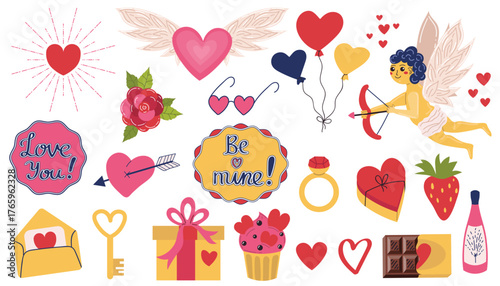 A set of Valentine's Day elements with hearts and Cupid, gift boxes and a rose, balloons and a ring, chocolate and champagne. Stickers - love you and be mine. Set of symbols of holiday and love.