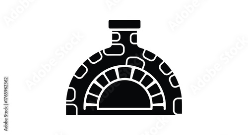 Black silhouette of a rustic brick pizza oven with an arched opening and chimney on a white background
