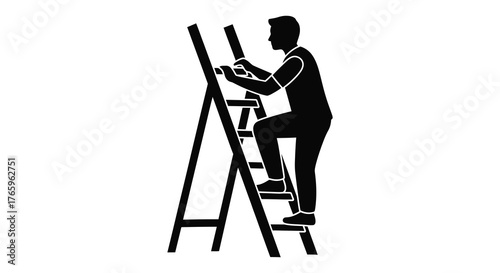 Man climbing a stepladder with tools in hand a clear silhouette against a white background representing work and diy projects silhouette