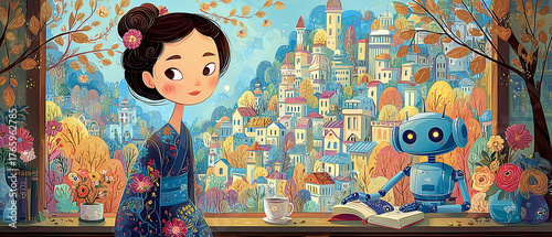 Colorful cityscape illustration with cheerful girl and coffee cup, warm artistic concept
