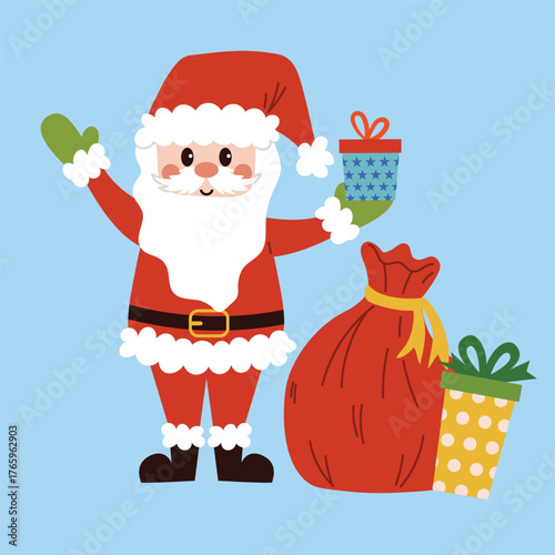 Cute Santa Claus with gift and sack of presents on blue backgroud. Fun flat cartoon illustration for Christmas design, festive greeting, winter decoration, postcard or print project.