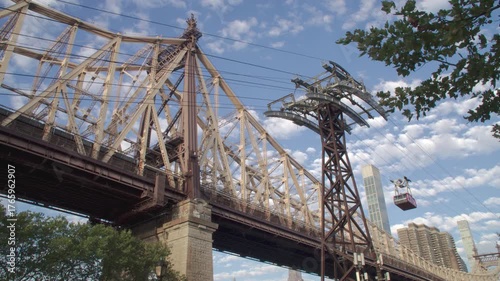 Establishing shot of the Roosevelt Island Tram and the Queensboro Bridge