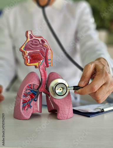 Model of human lungs examined by a doctor during a health checkup