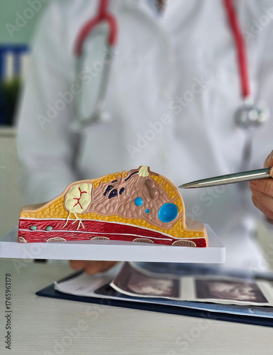 A doctor showing a breast tumor or cancer on an anatomical model of breast to educate women about the prevention and treatment of breast disease.