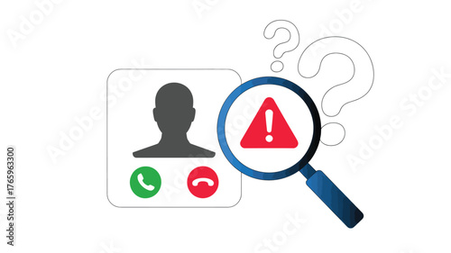 Suspicious caller identification vector illustration magnifying glass with alert symbol identifying unknown or scam call on a mobile device