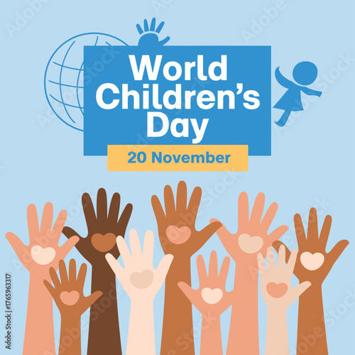 Vector art of world childrens day on november 20, featuring diverse raised hands with heart symbols, representing love, unity, and support for children globally