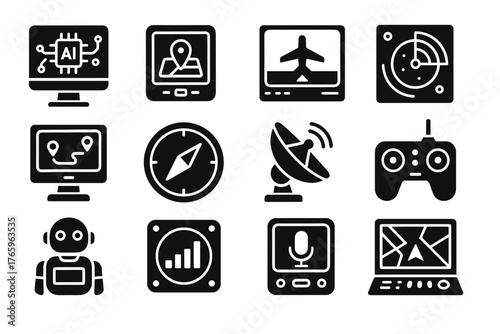 Robot scanner navigation gps antenna module panel ai hub voice icon vector