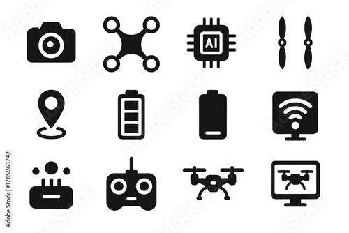 Vector set camera sensor hub navigation battery console wireless icon gps drone