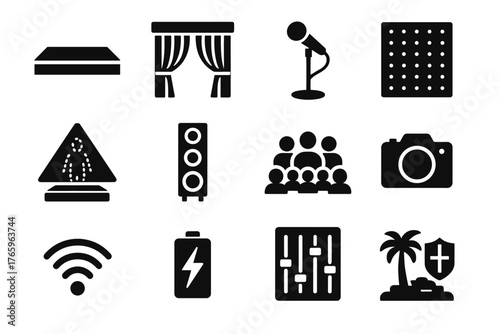 Vector stand interactive speaker wireless audience stage led camera silhouettes icon energy