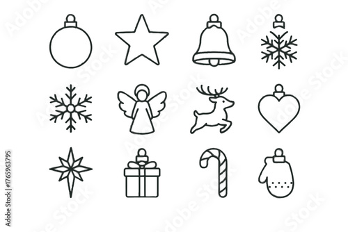 Tree bell snowflake pinecone topper star ornament set icon christmas vector bauble