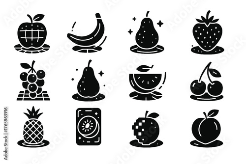 Garden cherry orange virtual apple pixelated digital kiwi vector banana slice icon