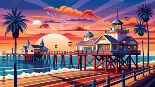 Very beautiful sunset view of the famous Oceanside Pier in California, stretching gracefully into the glowing horizon over the Pacific Ocean, with golden skies and gentle waves reflecting warm light.