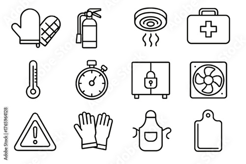 Fire vector child fan safety thermometer icons apron kitchen lock warning first