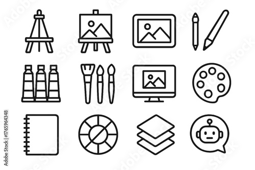 Digital sketchbook studio color wheel stylus icon easel virtual vector paint canvas