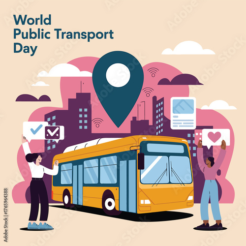 Vector art of world public transport day celebration with a yellow bus and people holding signs, representing urban mobility and community engagement in a city