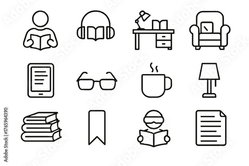Desk mug cozy chair collection reading night icon icons headphones person vector
