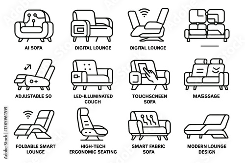 Smart massage lounge fabric futuristic sofa vector ai icon design connected adjustable