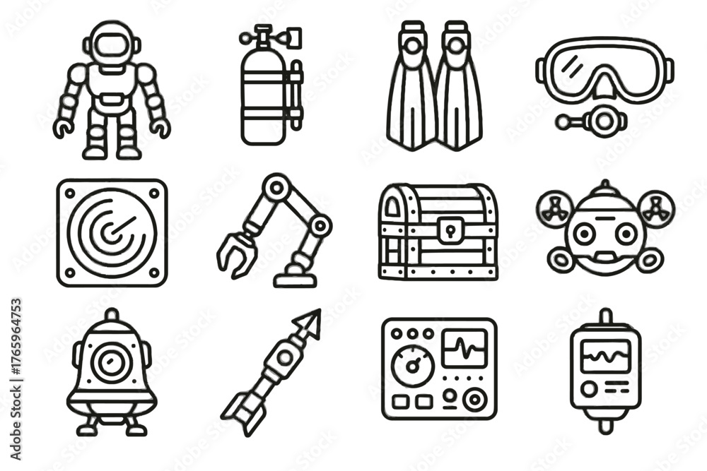Fototapeta premium Drone icons control sonar diver mechanical exploration oxygen chest icon robot data