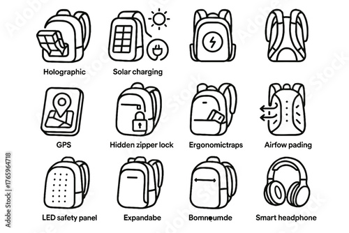 Padding smart pocket icon charging straps waterproof vector design zipper bag hidden