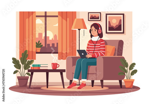 Woman with headphones relaxing at home in a cozy living room. Person listening to music on a tablet. Flat design character graphic