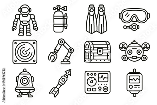 Drone icons control sonar diver mechanical exploration oxygen chest icon robot data